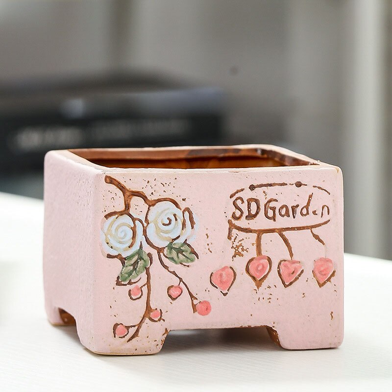 Strongwell Ademend Relief Handgeschilderde Bloempot Rechthoekige Keramische Planter Home Office Decoratie Succulent Bloempotten: 3