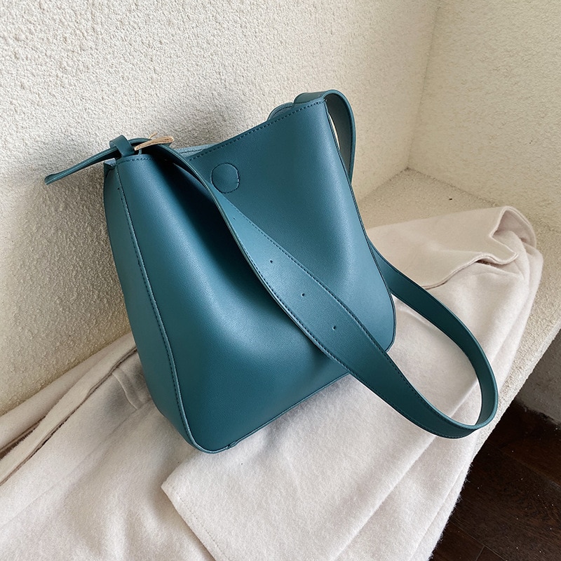 casual large capacity totes wide strap buckets bag luxury soft pu leather shoulder crossbody bags lady simply big purse