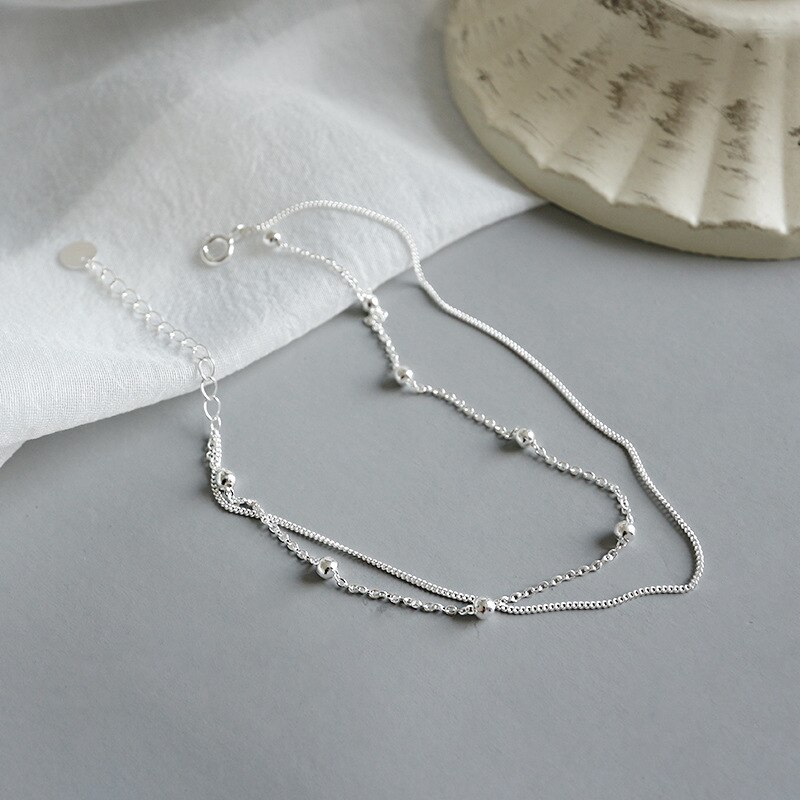 925 Sterling silber knöchel fuß Armbinde sommer zubehör, minimalistischen perlen doppel geschichtet ketten fußkettchen für frauen schmuck