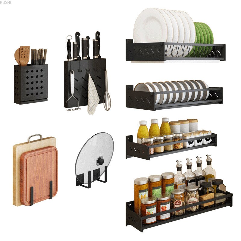 Prateleira de cozinha de aço inoxidável preto fixado na parede punch-livre tigelas titular pratos pote capa tempero armazenamento rack de suspensão prateleira