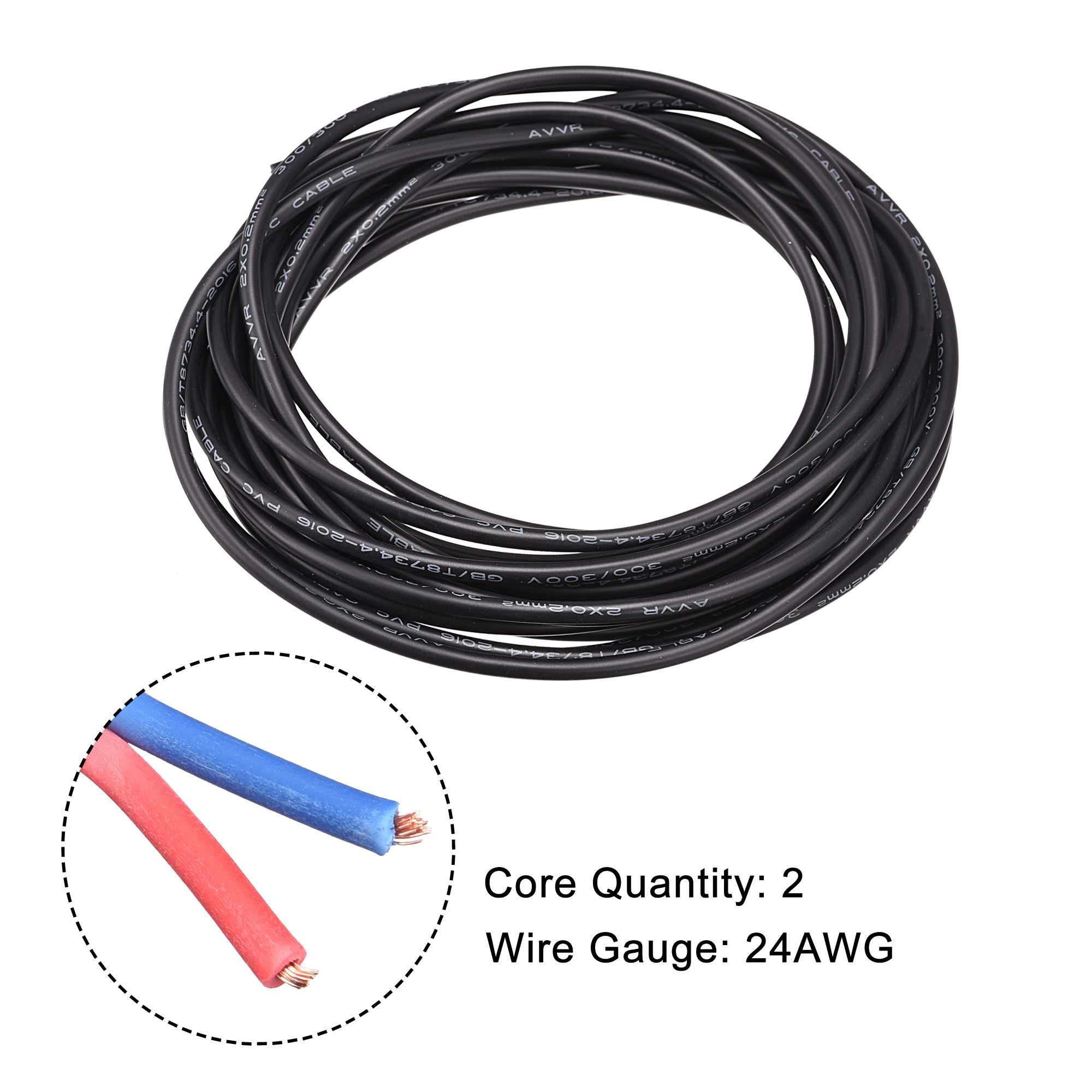 Uxcell Extension Wire Power Cable Copper Conductor 2 Core 24 AWG 16ft Black, Pack of 1
