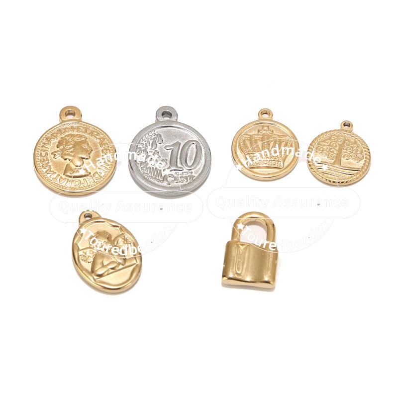 5pcs Stainless Steel Gold Lock Medal Charms Queen Angel Crown Life Tree Pendants For Diy Necklace Jewelry Makings Accessories