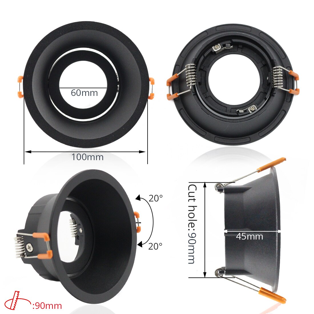 LEDIARY Zwart LED Downlighters GU5.3 GU10 Fitting 90-265V Verzonken Plafond Spot Lamp Frame Bulb Verwisselbare 75MM 90MM Cut Gat: Type 4 Round 100MM / GU10 Without Bulb