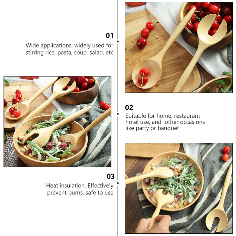 1 Set 2pcs Salad Spoon Round Wood Spoon and Fork Salad Servers Wood Color