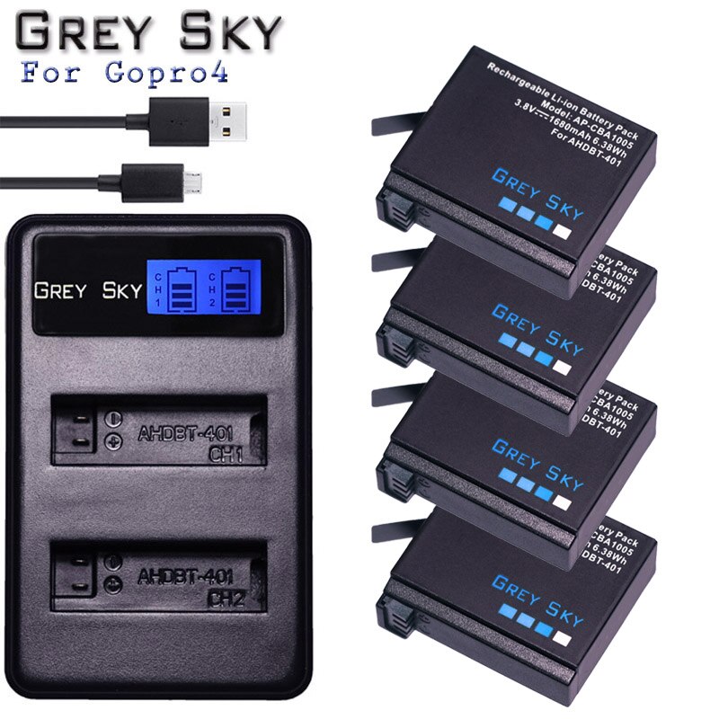 Para GoPro Hero4 Hero 4 batería + LCD cargador dual para go pro AHDBT-401 HERO4 negro plata accesorios de Cámara de Acción: Charger and 4battery