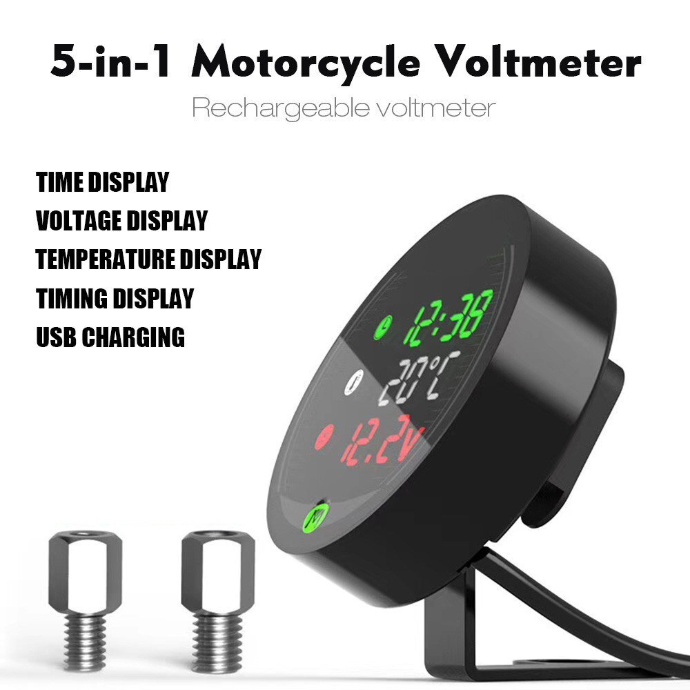 Voltmètre étanche pour moto | Tableau d'affichage de la température de la moto, 5-en-1 voltmètre de la température du temps de la moto