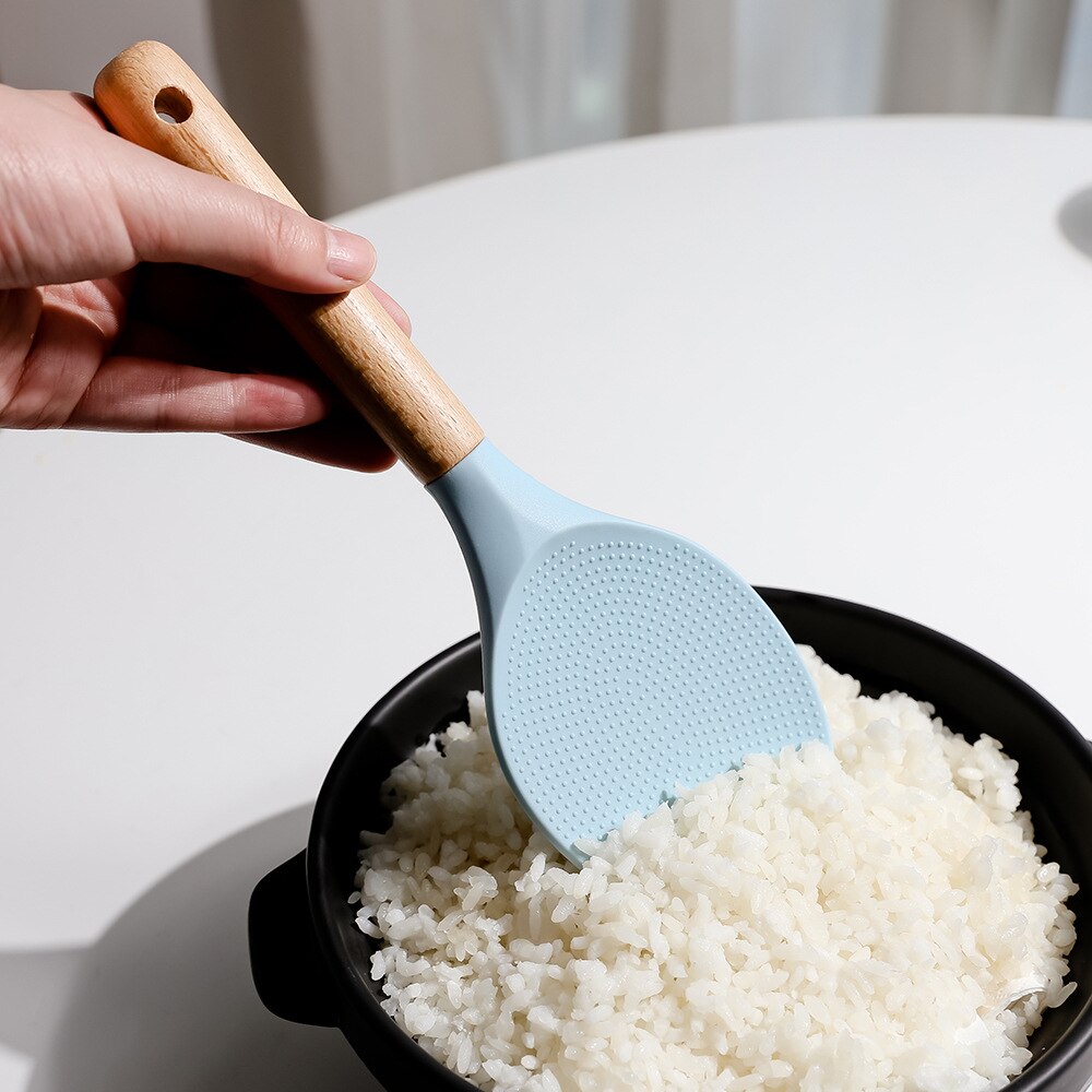 Utensilios de cocina simples de estilo japonés, cuchara de silicona para arroz, cuchara antiadherente, pala para arroz, herramientas con mango de madera ZB643