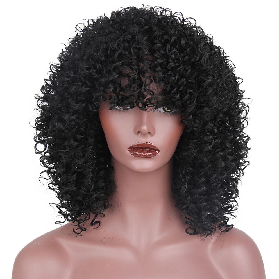 14 tommer kort afro paryk brun syntetisk kinky krøllede parykker til kvinder 10 farver ombre fluffy afrikansk amerikansk naturlig sort hår: Med pandehår -1b