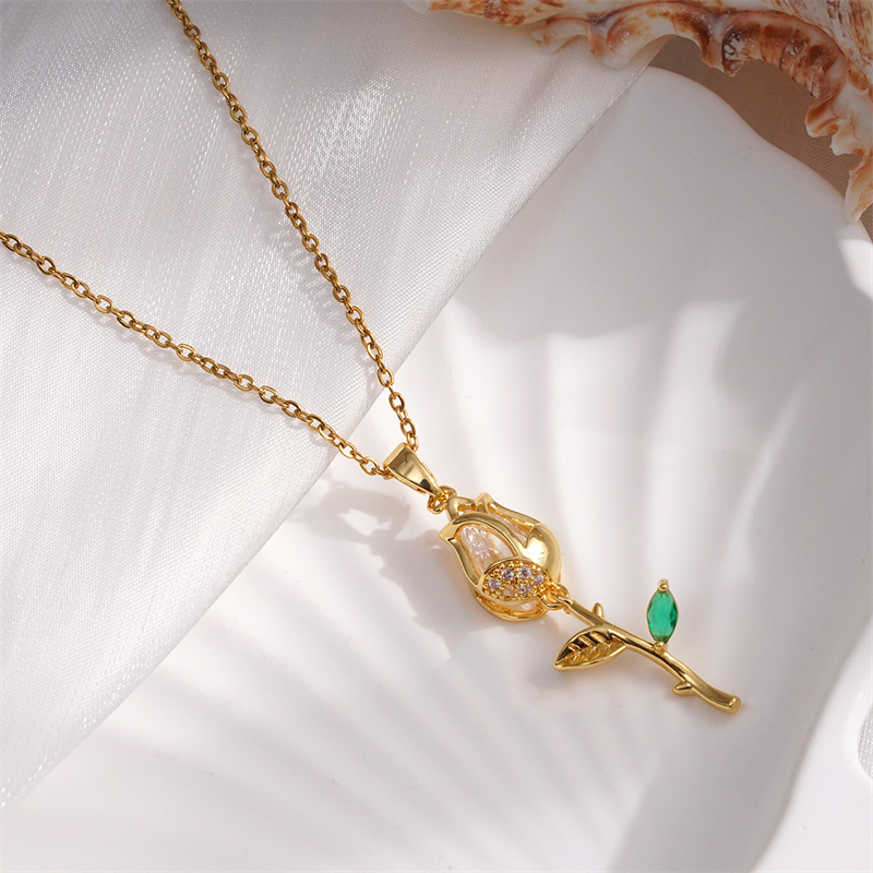 Collar con colgante de tulipán de acero inoxidable ligero de lujo para mujer, cadena de Color dorado, collar de flores, de joyería de la suerte para niñas: Color dorado