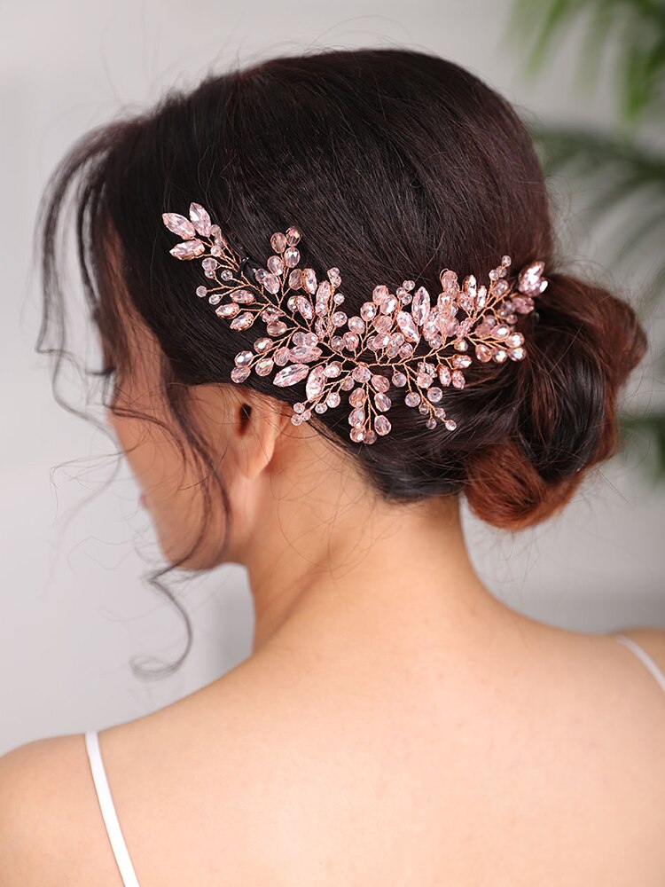 Tiara de novia, diadema de boda, tocado rosa, diadema dorada, tocado de Accesorios nupciales para el cabello para mujer