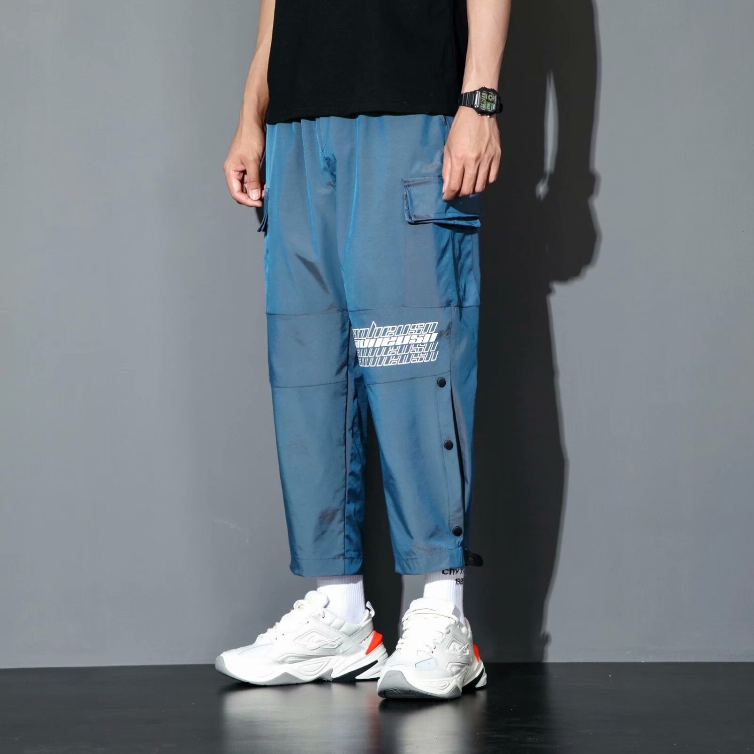Zazomde streetwear last bukser herre reflekterende løs hofte hopp fritidsbukser herre harem bukse harajuku jogger joggebukse herre bukser: Xl / Ck33 blå