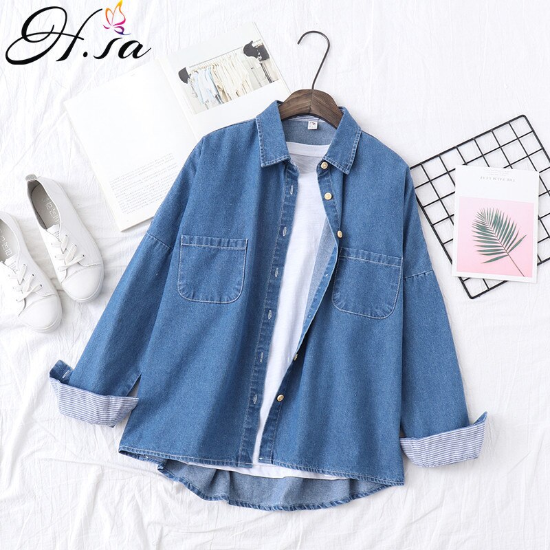 H.sa forårs jeans blusa og skjorter lange ærmer oversized knap sommer toppe denim outwear koreansk lomme camisas mujer femme