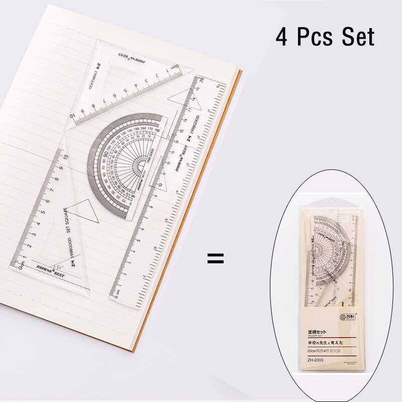 Transparent Acrylic Grid Ruler Cute Kawaii Students Triangular Rulers Protractor Stationery Set for Kids Office School Supplies: 4pcs Set