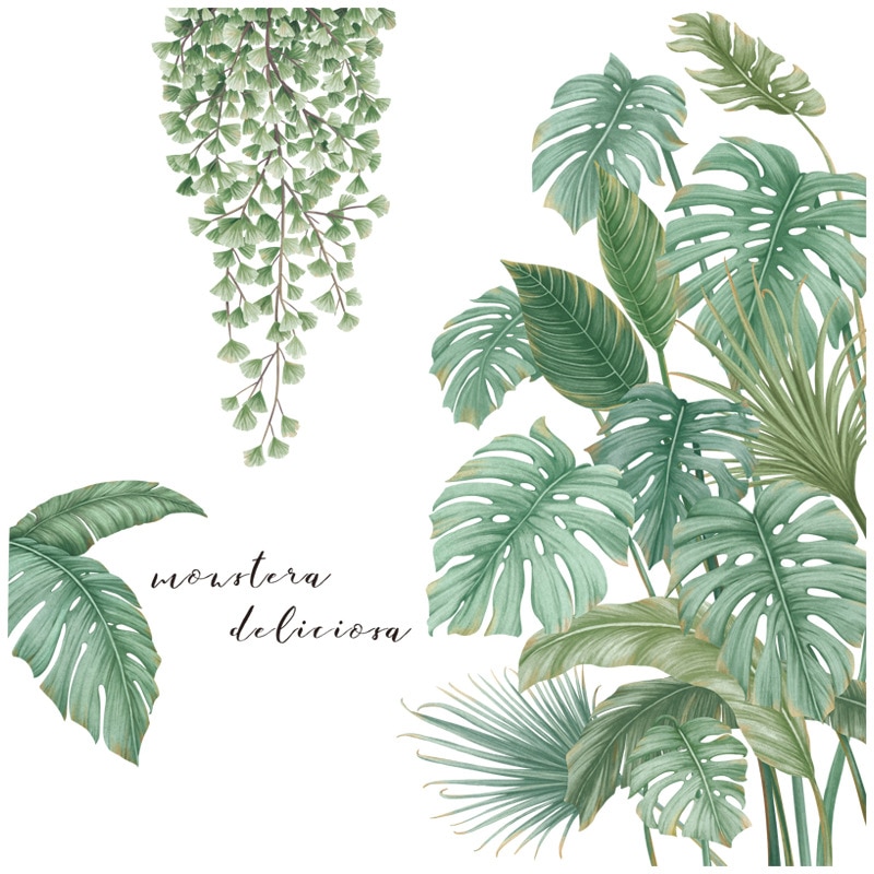 Estilo nórdico, hojas de plantas tropicales, pegatinas de pared para sala de estar, dormitorio, vinilo ecológico, Póster Artístico con calcomanías para decoración del hogar