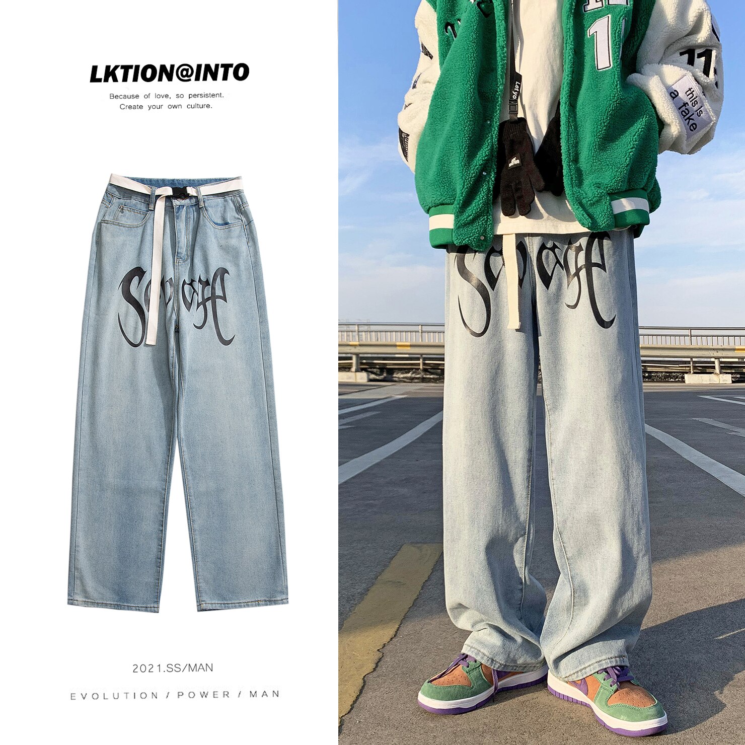 Spring Wide-leg Jeans Men's Printed Casual Korean Jeans Men Streetwear Hip-hop Straight Denim Trousers Mens Jeans Pants: XL