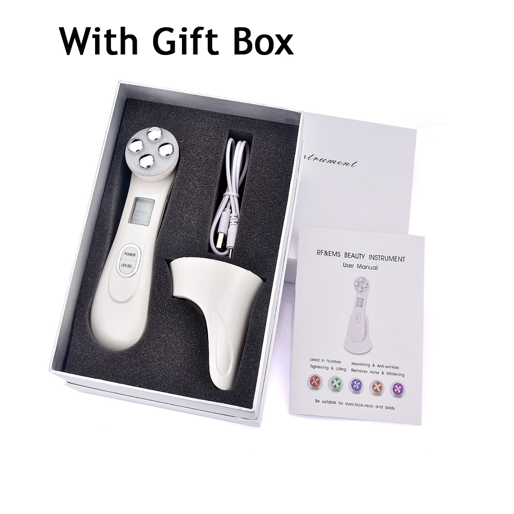 5 in 1 LED skin Tightening Device RF/EMS Mesotherapy Electroporation Beauty Radio Frequency LED Photon Face Skin Rejuvenation: White With Box