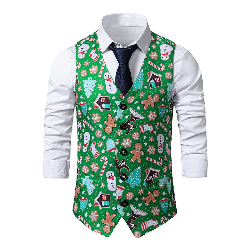 Groene Kerst Vest Mannen Mode Gingerbread Man Snowflake Print Vesten Mannen Navidad Party Festival Kostuum Chaleco: XXL