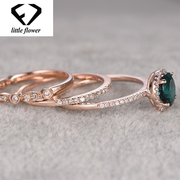 14k Rose Gold Set of Turquoise Three-piece Ring natural Emerald Jewelry Anillos for Women 14K rose gold bague anillos rings anel