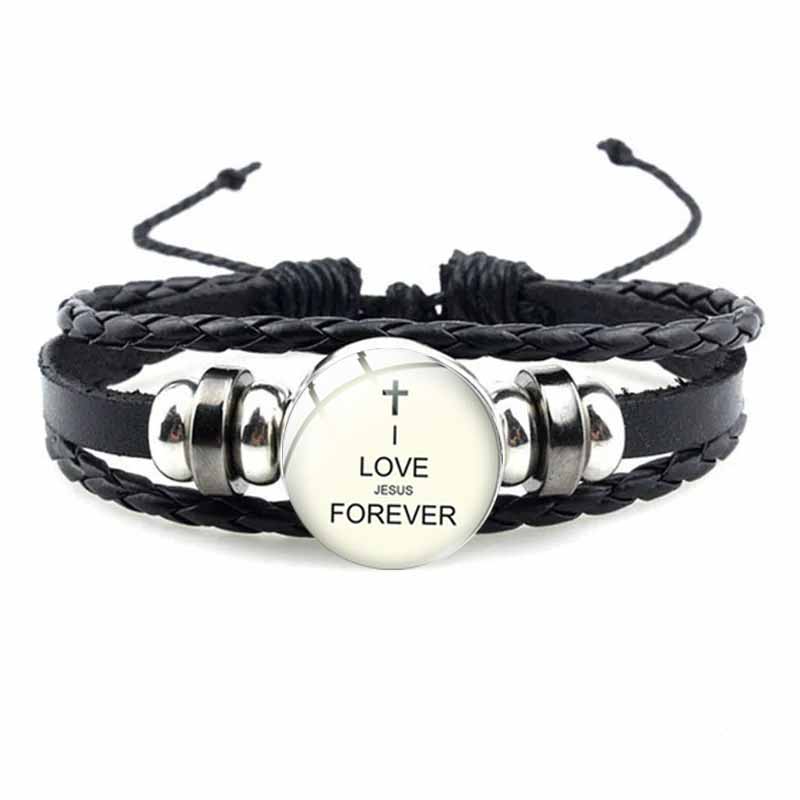 Bracelet avec symbole chrétien de poisson de jésus, bijou en verre fait à la main, Punk, en cuir tissé noir, bijoux manchette pour hommes et femmes: Vert foncé
