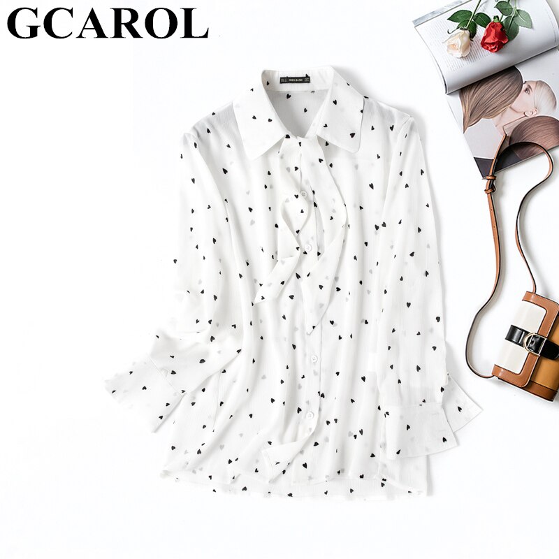 Gcarol kvinder sløjfe lille kærlighed trykt ol skjorte hvid sød chiffon bluse forår sommer basic perfekt toppe tøj
