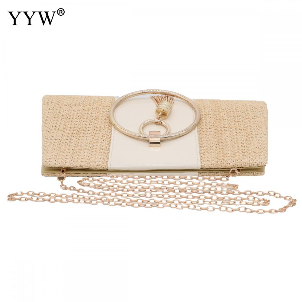 Summer Straw Women Evening Clutches Bag PU Leather Female Gold Tassel Weave Bag Ladies Envelope Purse For Party Handbags Yellow