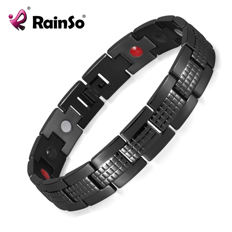 Rainso Mannen Knappe Armbanden Zwart Rooster Textuur Klassieke Stijl Met Magneet Spar Germanium Gezondheid Mannelijke Roestvrij Stalen Armband