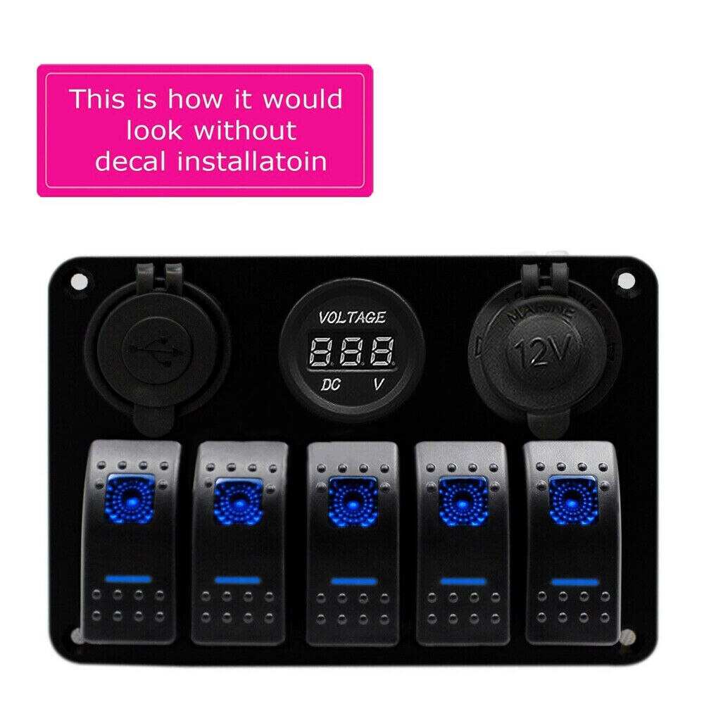 12V 5 Gang LED Rocker Switch Panel Car Boat Marine With Voltmeter & Fuse Box Dual USB Slot Socket Digital Voltage Display
