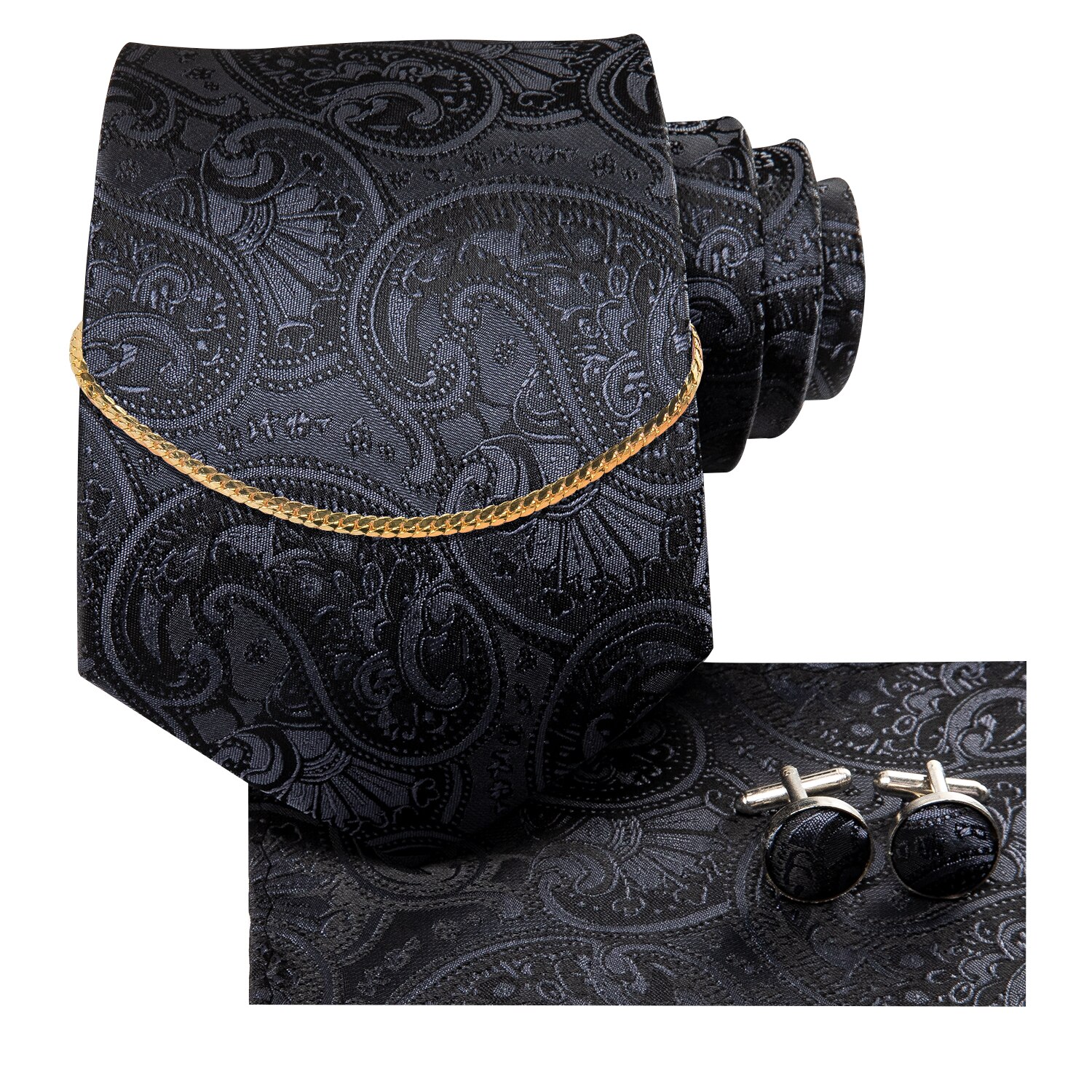Hi-tie musta klassinen paisley ylellinen silkki miesten solmio miehille nicktie solmio ketju hanky kalvosinnapit asetettu häät