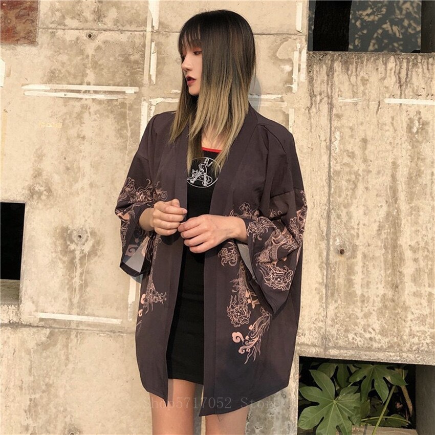 Moda japonesa kimono impressão dragão chinês fino lazer comute protetor solar roupas cardigan robe para meninos e meninas