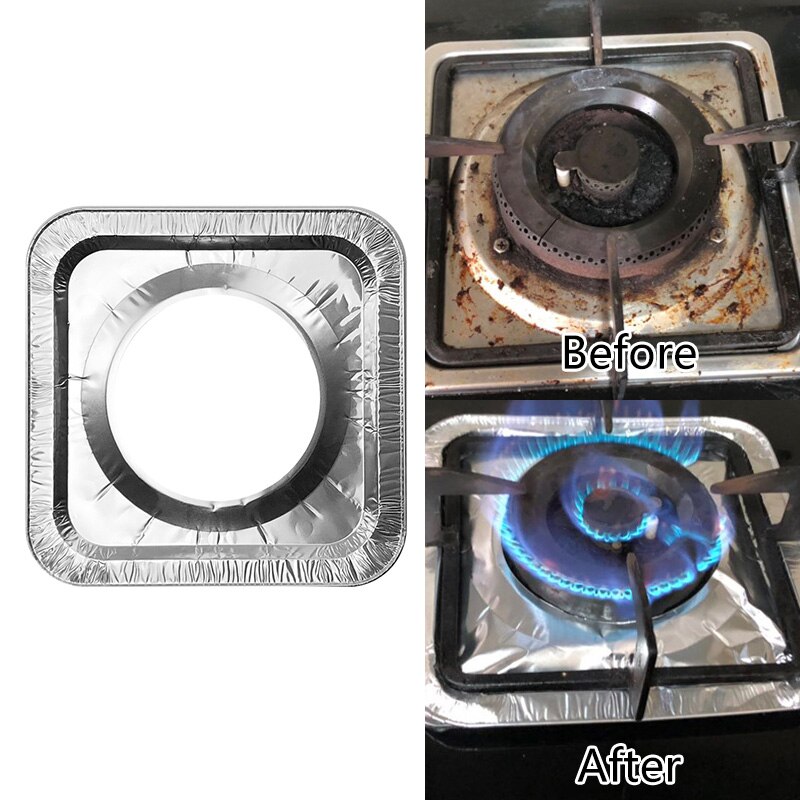10pcs/set Thickened Aluminum Foil Square Stove Burner Covers Gas Oven Covers for Top Gas Stove Liners Oil Proof Cleaning Pad