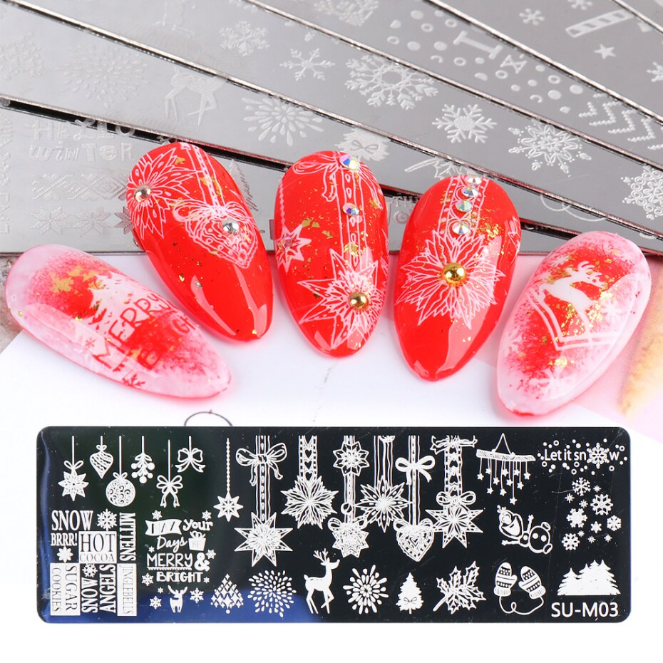 2PC Xmas zestaw warstw stemplujących na paznokcie płatki śniegu gwiazdy serca święta nowy rok projekt Nail artystyczny obraz Manicure wzornik LASUM01-M06-3