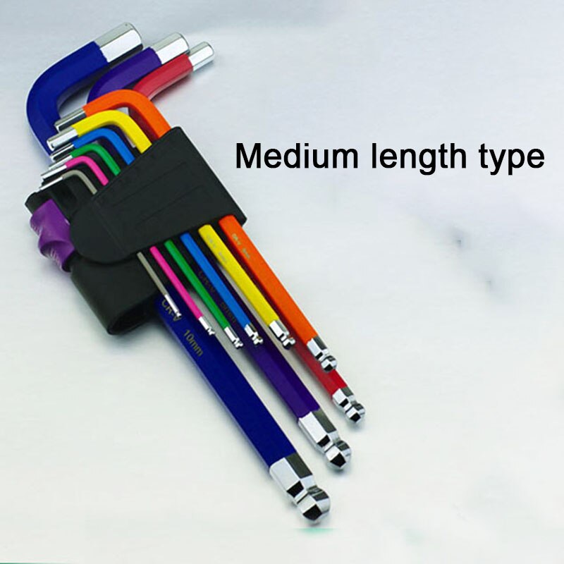 Jeu de clés Allen à embout sphérique, couleur codée, couple Long métrique avec manche, outils à main, accessoires de vélo 1.5-10mm: Medium length type