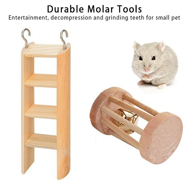 10 Pcs Set Hamster Chew Toys Natural Wooden Gerbils Rats Chinchillas Toys Accessories Dumbbells Exercise Bell Roller Teeth Care