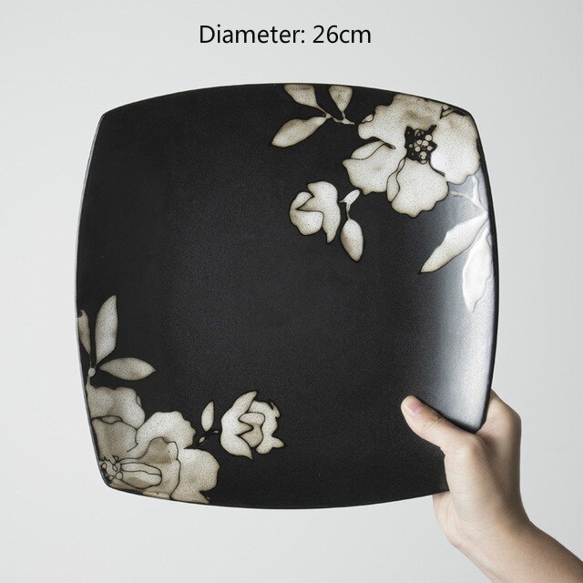 Ceramic Breakfast Plates Food Dish Dinnerware Black Hibiscus Flower Mug Dessert Fruit Snack Plate Cutlery Bowl Flatware: 1