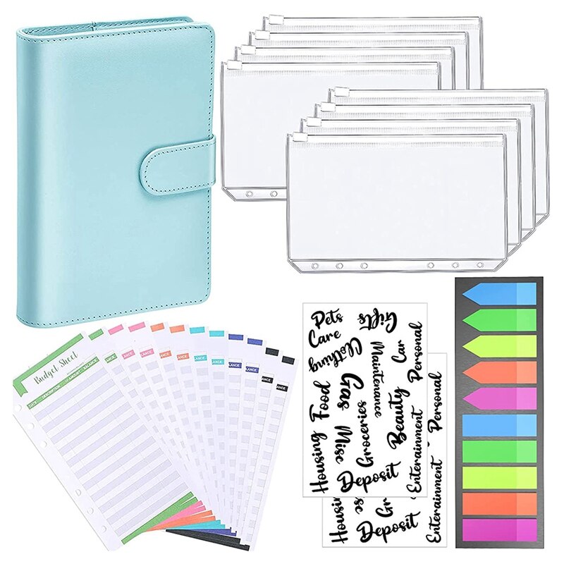 A6 Binder,PU Refillable 6 Ring Notebook Binder Binder Pockets,Expense Budget Sheets Sticker Labels,Labels: Blue