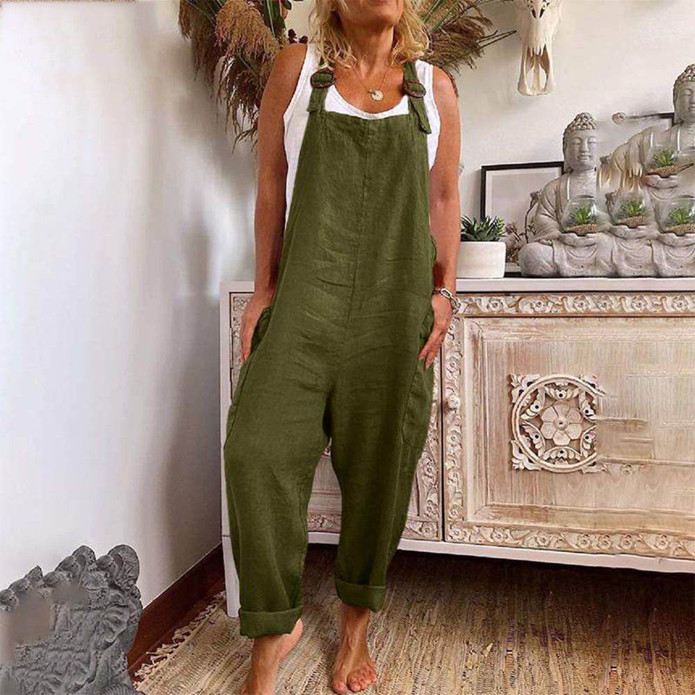 Cotton Blend Jumpsuit Women Summer Casual Solid Overalls Bodysuits Oversized Wide Leg Pants Female Clothing Streetwear Rompers: 5XL / green
