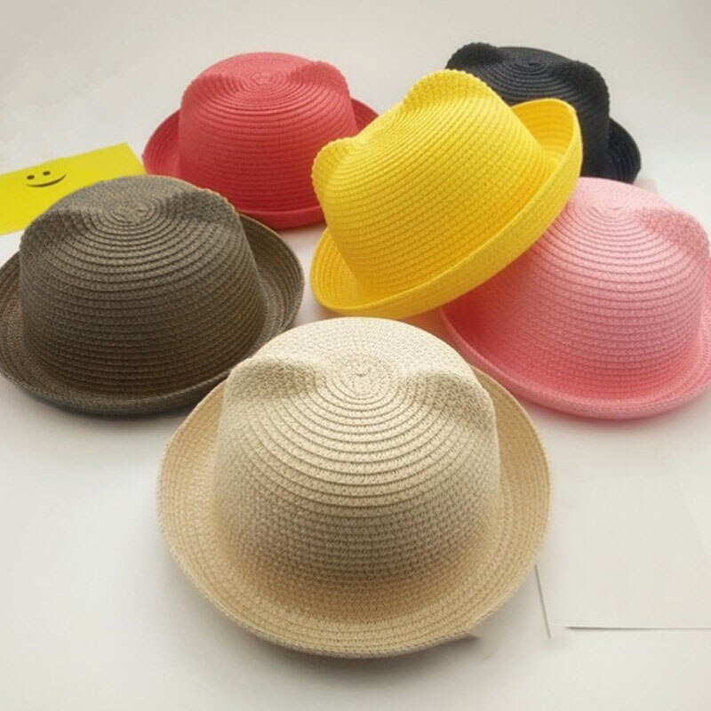Sombreros de paja a la para chicas y niños, gorros de paja para el sol de bebé, gorro de decoración con orejas de gato flexible y sólido, dg88