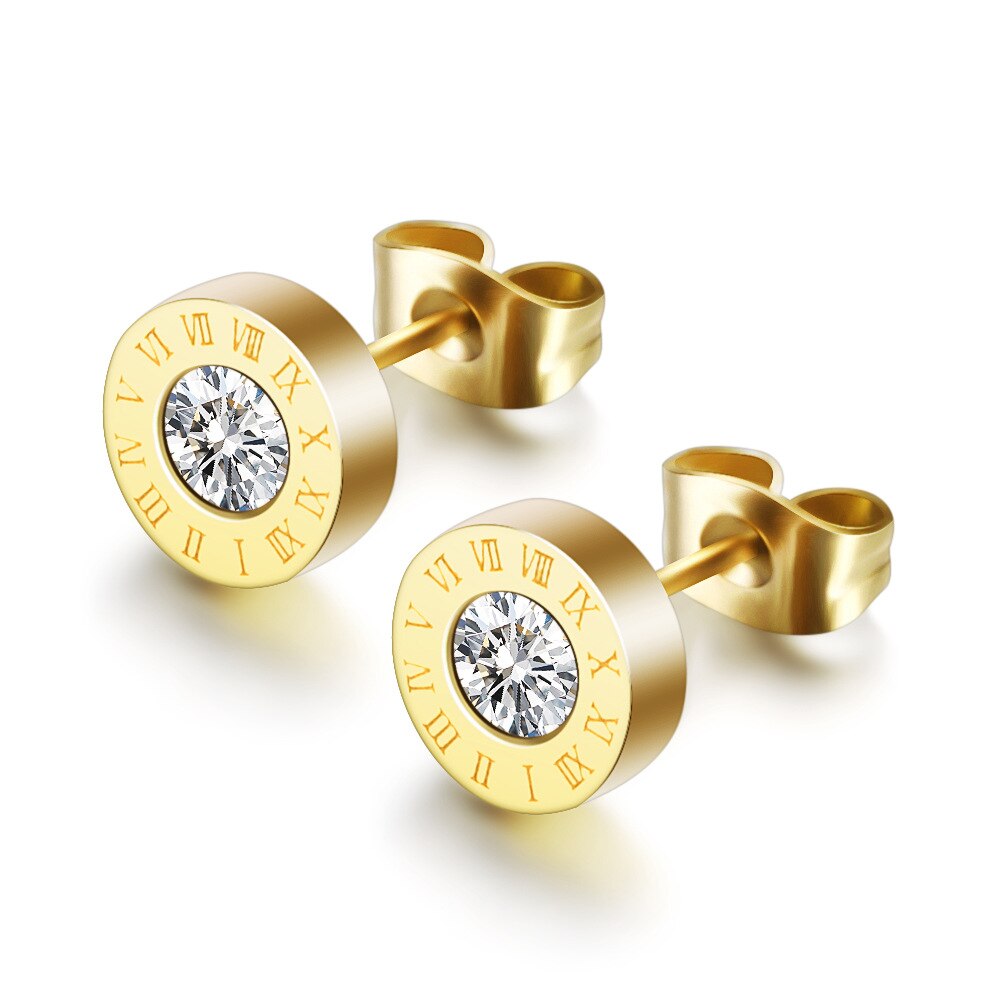 Edelstahl Stud Ohrringe für Frauen Gold Rose Farbe Römische Ziffer Zirkon Ohrringe Weibliche -Schmuck