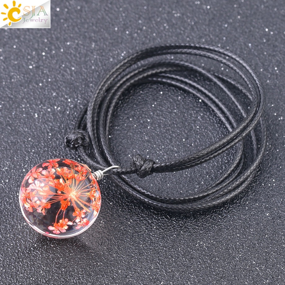 CSJA Decorativo di Modo di Fiori Secchi Collane & Pendenti con gemme e perle di Vetro Palla A Secco Pianta Pendente Corda di Cuoio per le Donne di Fascino Dei Monili F586