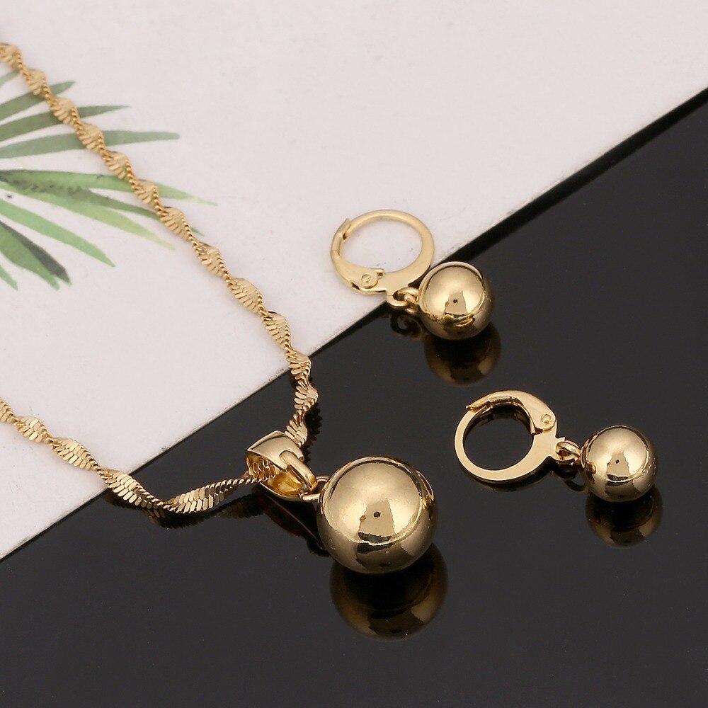 Gold Color Plain Bead Jewelry Round Pendant Chain Necklace Ball Earrings Pendant Women Jewelry Set