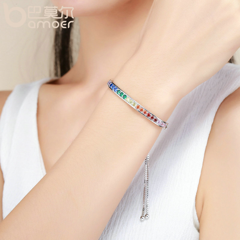 BAMOER Silver Color Rainbow Crystal Stamp Chain Link Bracelet Lace up Bracelets for Women Jewelry YIB036