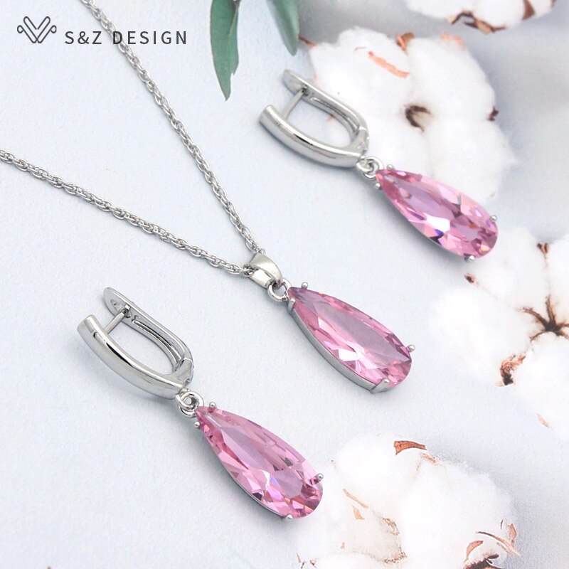 S &amp; Z 6 Kleur Lange Water Dangle Zirkoon Oorbellen Sieraden Set 585 Rose Goud Kleur Voor Vrouwen Koreaanse fijne Wedding Party Sieraden: WG pink