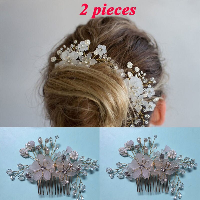 Prachtige bruidskam met bloemen en parels, kristallen haarkammen, handgemaakte hoofddeksels, bruidsaccessoire  sq0215: 2 pc foto kleur