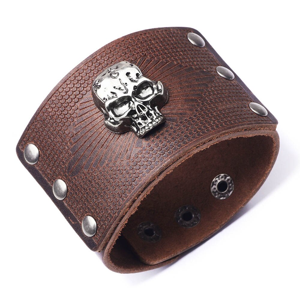 Kirykle Mode Reliëf Lederen Polsband Vriendschap Armband, Geschikt Voor Mannen Gesp Schedel Retro Punk Sieraden: KR1090-2