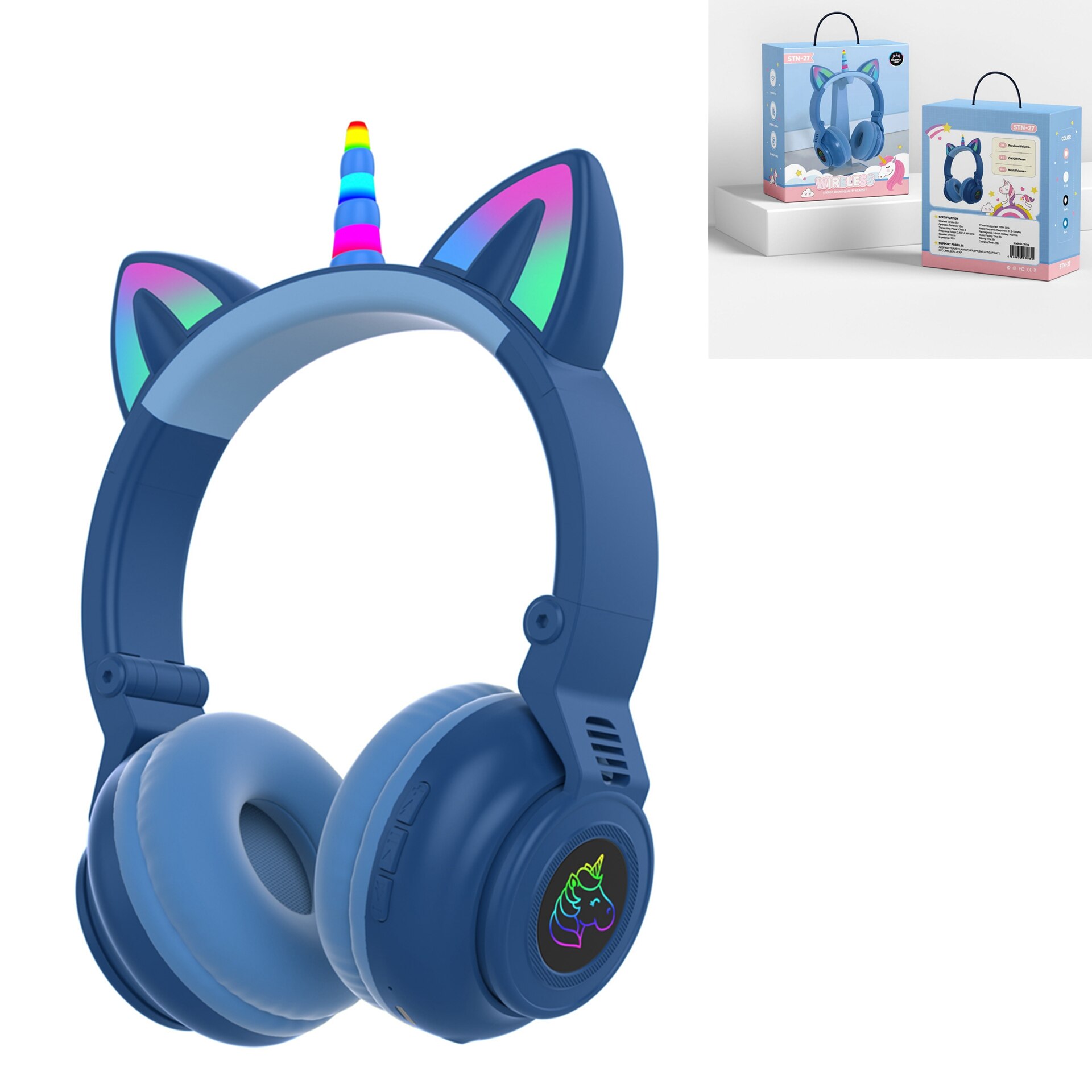 Söta enhörning trådlösa hörlurar med mikrofoner, styr rgb ljus barn tjejer musik stereo hjälm mobiltelefon headset: Blå med låda