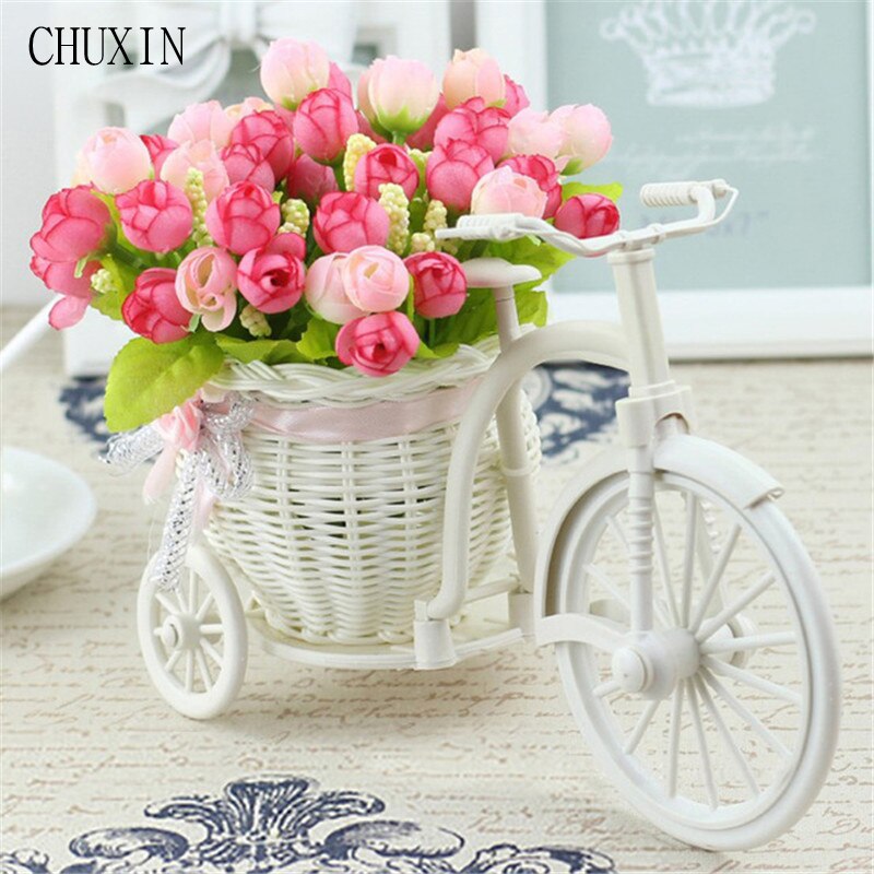 Rotting cykel vas med siden blommor färgglada mini ros blomma bukett tusensköna konstgjorda blommor för hem bröllop dekoration