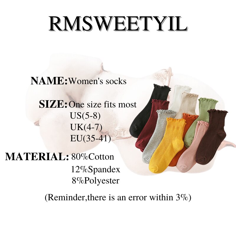 RMSWEETYIL Women Ruffle Frilly Socks Cute Lace Lettuce Kawaii Casual Solid Color Ladies Cotton Knit Ankle Low Cut Dress Sock