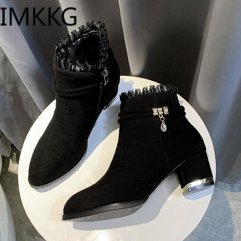 Bottines en dentelle à volants pour femme, chaussures courtes de soirée, élégantes, à talons hauts, Style anglais, chaudes, hiver