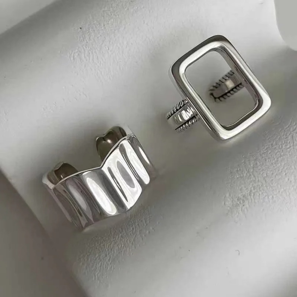Conjunto de anillos geométricos cuadrados huecos de Color plateado con personalidad para hombre, anillos de acero inoxidable con ondas irregulares Punk para mujer, joyería de roca