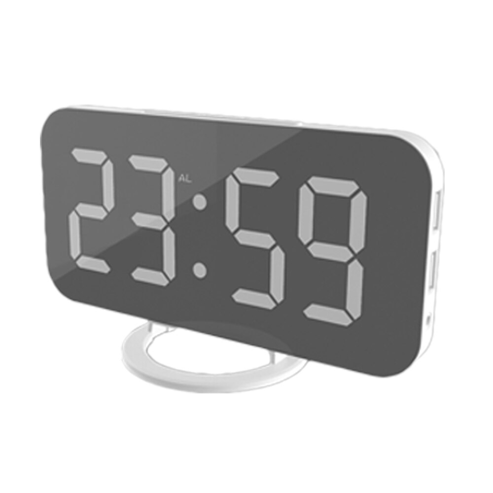 LED Alarm Clock With Dual USB Charging Port For Mobile Phone Charging Mirror Clock Snooze Function Automatic Dimming: White on White